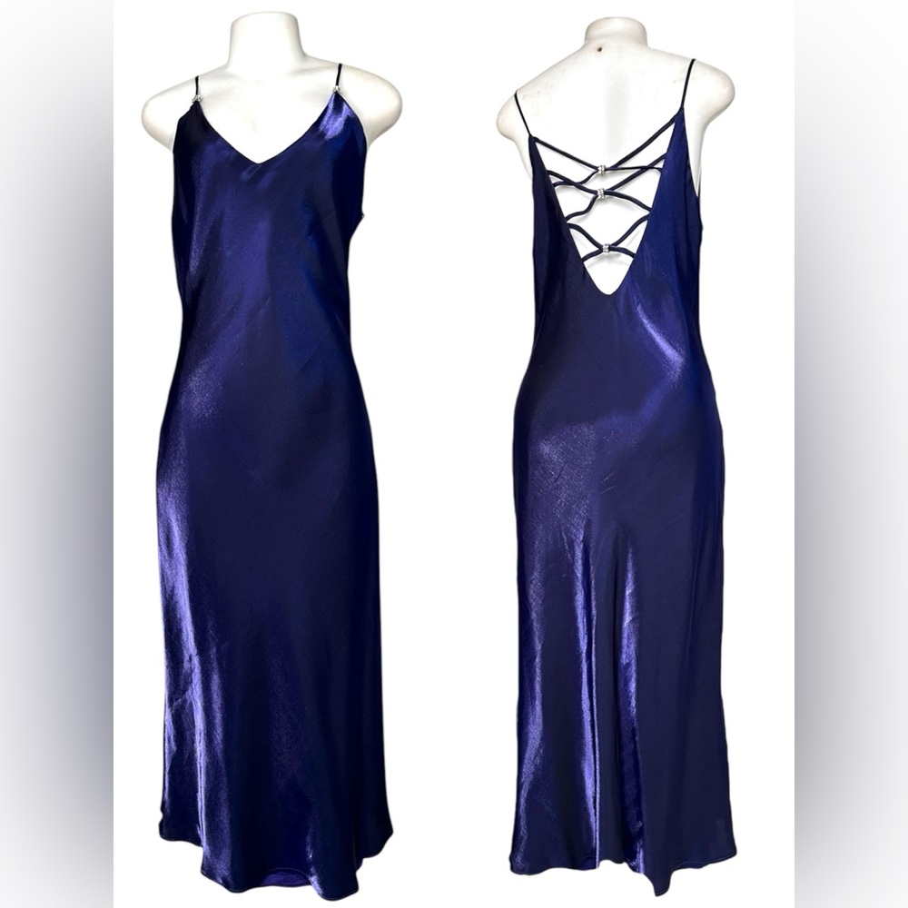 Y VTG Y2K Dollar Crisscross Back Sapphire Slip Dress XL Shiny Blue Maxi